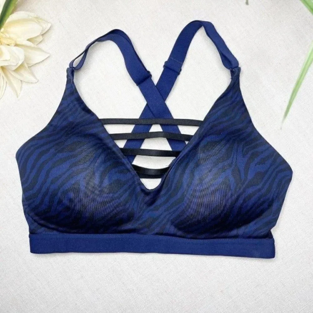 Victoria Secret Navy Leopard Plunge Strappy Sports Bra 32D